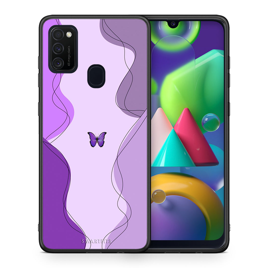 Θήκη Αγίου Βαλεντίνου Samsung M21 / M31 Purple Mariposa από τη Smartfits με σχέδιο στο πίσω μέρος και μαύρο περίβλημα | Samsung M21 / M31 Purple Mariposa case with colorful back and black bezels