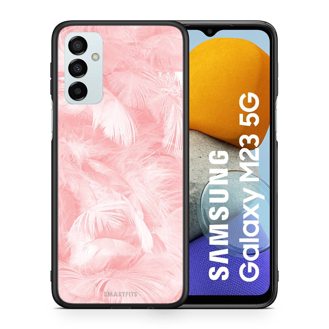 Θήκη Samsung M23 Pink Feather Boho από τη Smartfits με σχέδιο στο πίσω μέρος και μαύρο περίβλημα | Samsung M23 Pink Feather Boho case with colorful back and black bezels