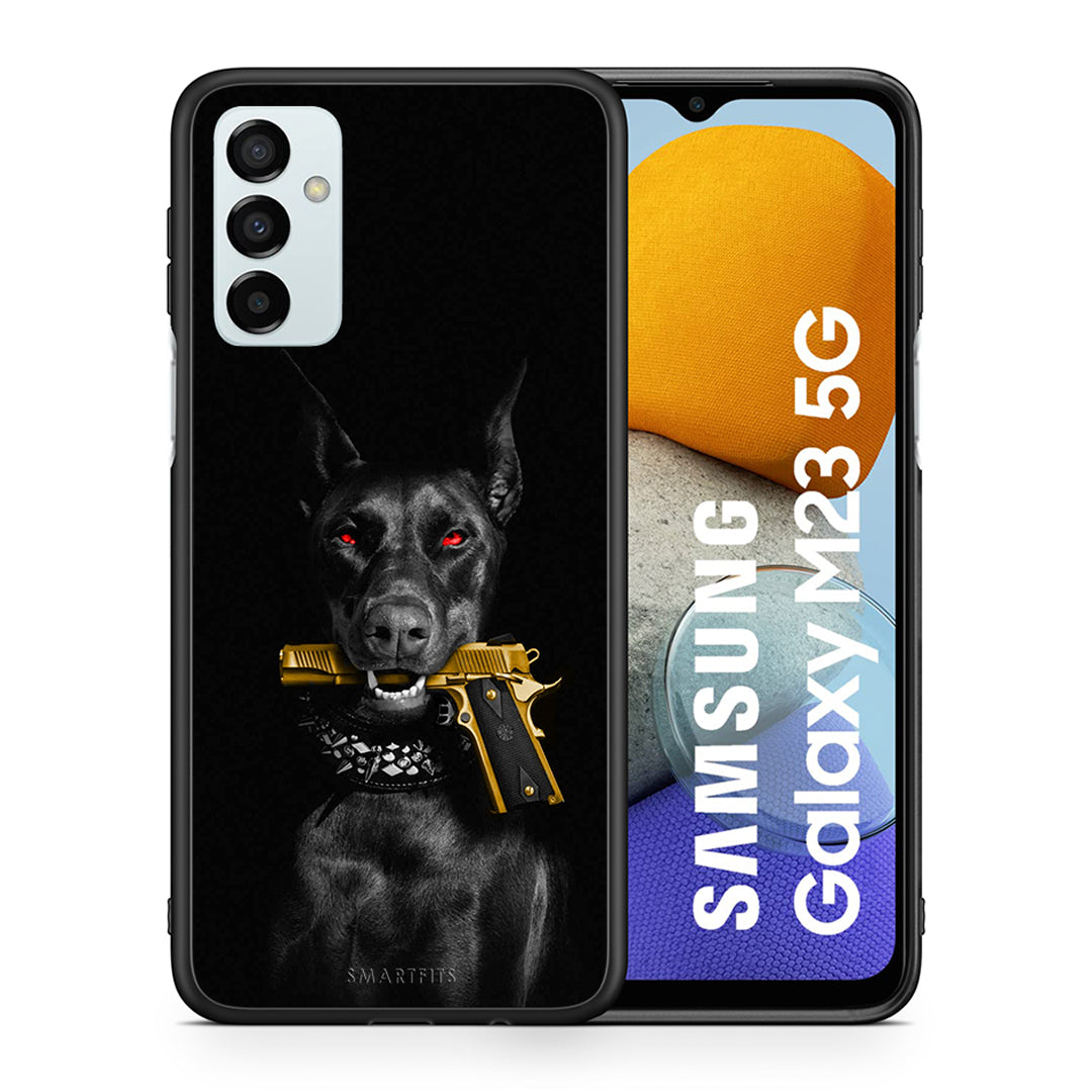 Θήκη Αγίου Βαλεντίνου Samsung M23 Golden Gun από τη Smartfits με σχέδιο στο πίσω μέρος και μαύρο περίβλημα | Samsung M23 Golden Gun case with colorful back and black bezels