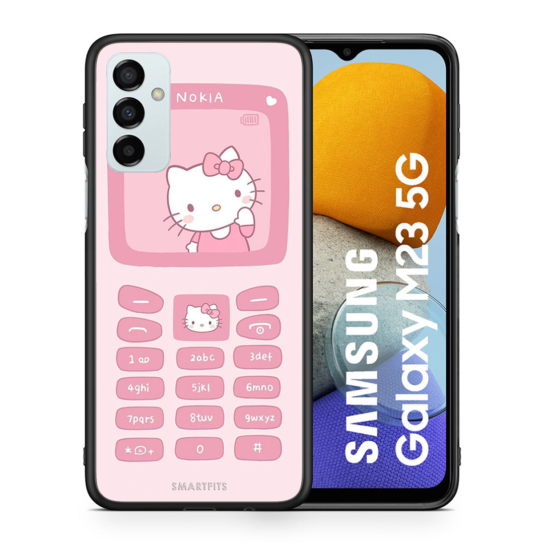 Θήκη Αγίου Βαλεντίνου Samsung M23 Hello Kitten από τη Smartfits με σχέδιο στο πίσω μέρος και μαύρο περίβλημα | Samsung M23 Hello Kitten case with colorful back and black bezels