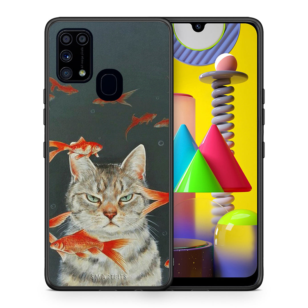 Θήκη Samsung M31 Cat Goldfish από τη Smartfits με σχέδιο στο πίσω μέρος και μαύρο περίβλημα | Samsung M31 Cat Goldfish case with colorful back and black bezels