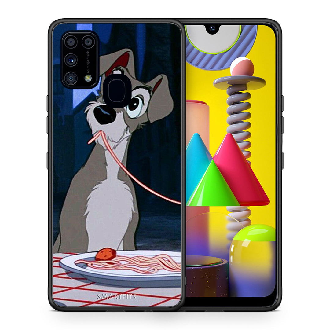 Θήκη Αγίου Βαλεντίνου Samsung M31 Lady And Tramp 1 από τη Smartfits με σχέδιο στο πίσω μέρος και μαύρο περίβλημα | Samsung M31 Lady And Tramp 1 case with colorful back and black bezels