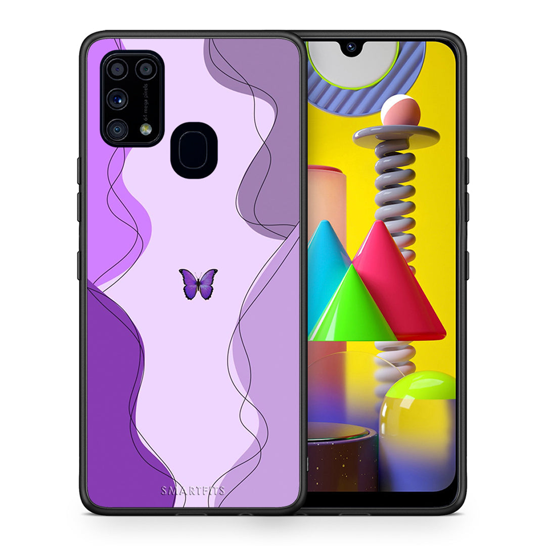 Θήκη Αγίου Βαλεντίνου Samsung M31 Purple Mariposa από τη Smartfits με σχέδιο στο πίσω μέρος και μαύρο περίβλημα | Samsung M31 Purple Mariposa case with colorful back and black bezels