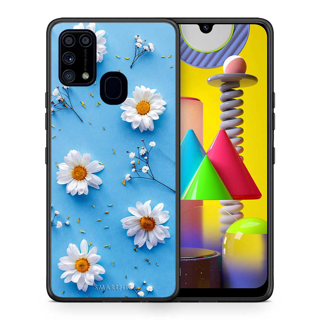 Θήκη Samsung M31 Real Daisies από τη Smartfits με σχέδιο στο πίσω μέρος και μαύρο περίβλημα | Samsung M31 Real Daisies case with colorful back and black bezels