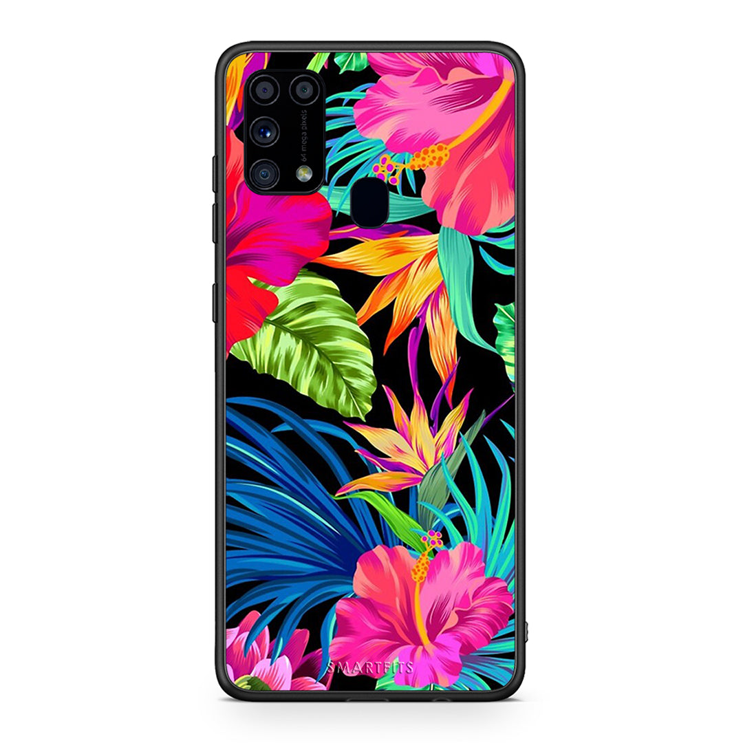 Samsung M31 Tropical Flowers θήκη από τη Smartfits με σχέδιο στο πίσω μέρος και μαύρο περίβλημα | Smartphone case with colorful back and black bezels by Smartfits