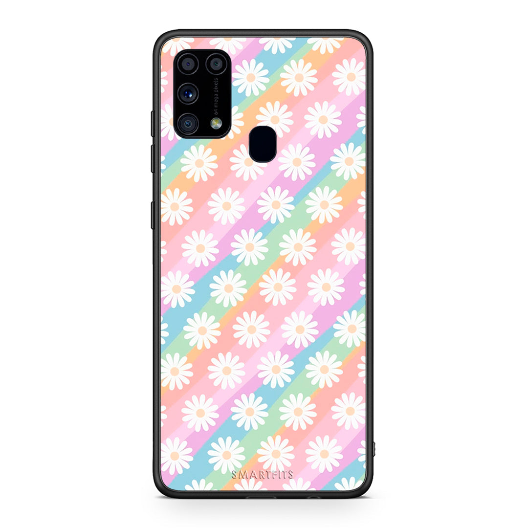 Samsung M31 White Daisies θήκη από τη Smartfits με σχέδιο στο πίσω μέρος και μαύρο περίβλημα | Smartphone case with colorful back and black bezels by Smartfits