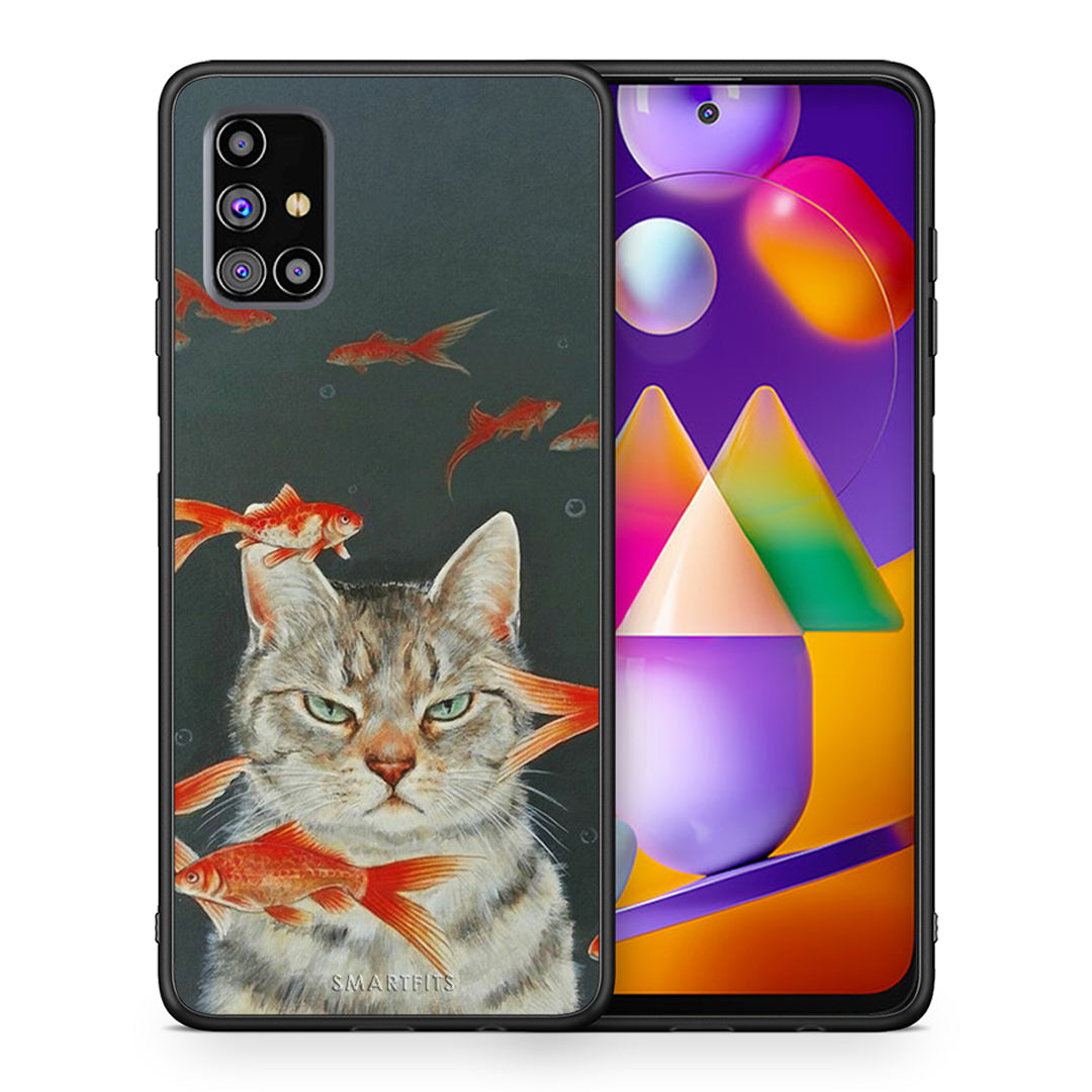 Θήκη Samsung M31s Cat Goldfish από τη Smartfits με σχέδιο στο πίσω μέρος και μαύρο περίβλημα | Samsung M31s Cat Goldfish case with colorful back and black bezels