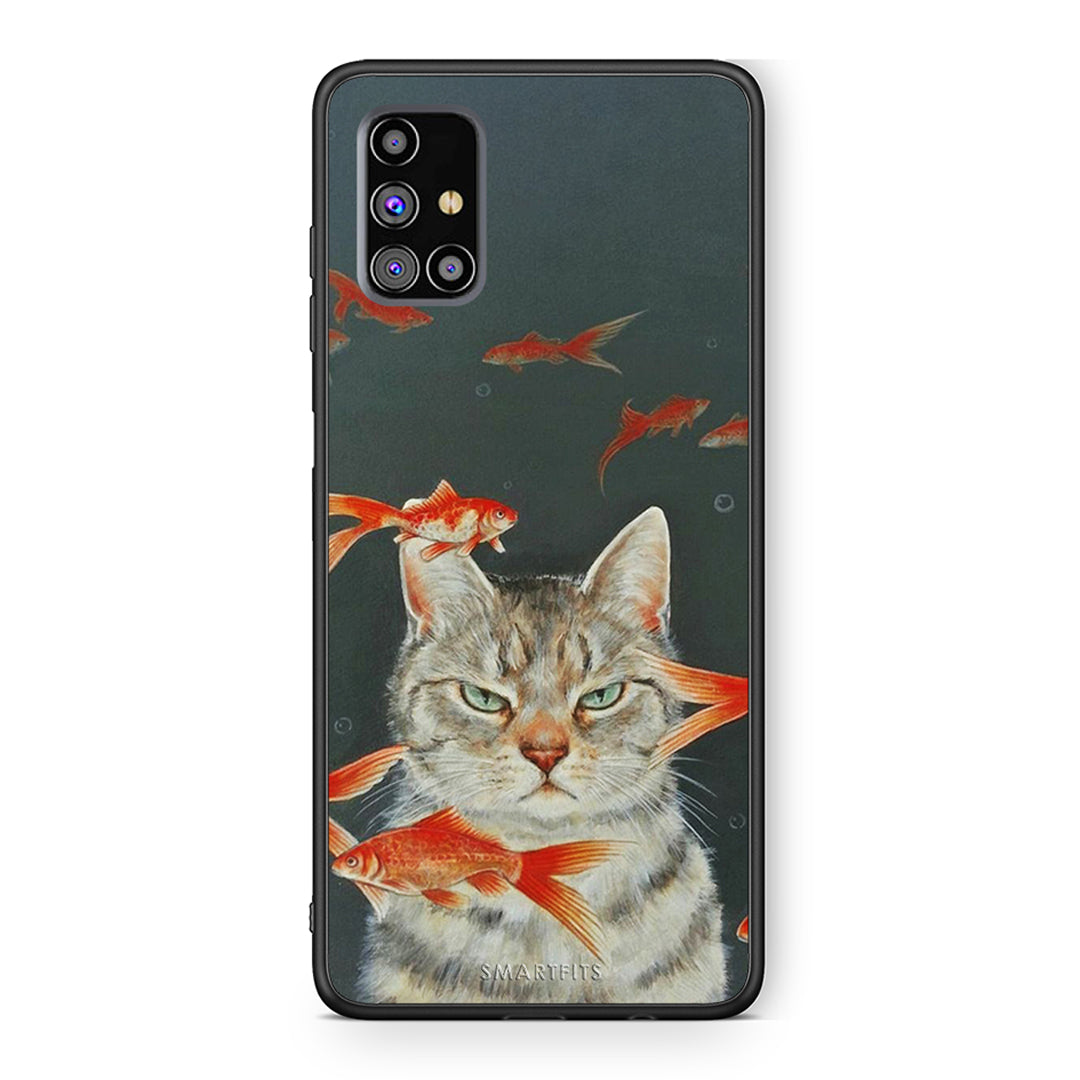 Samsung M31s Cat Goldfish θήκη από τη Smartfits με σχέδιο στο πίσω μέρος και μαύρο περίβλημα | Smartphone case with colorful back and black bezels by Smartfits