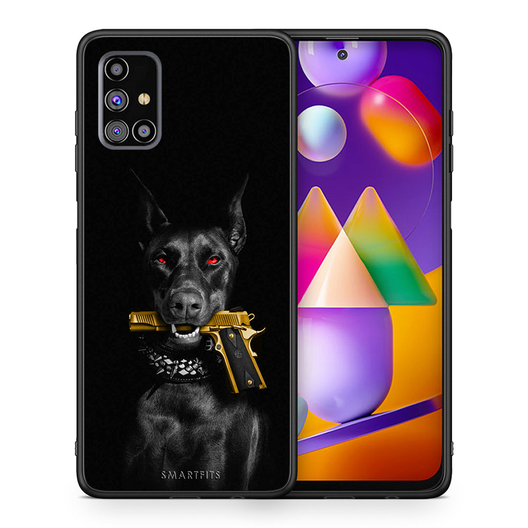 Θήκη Αγίου Βαλεντίνου Samsung M31s Golden Gun από τη Smartfits με σχέδιο στο πίσω μέρος και μαύρο περίβλημα | Samsung M31s Golden Gun case with colorful back and black bezels