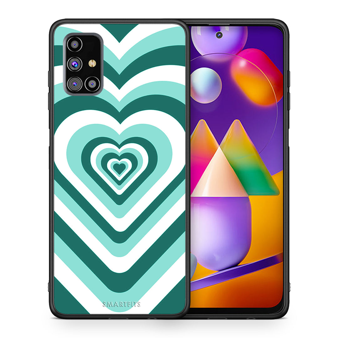 Θήκη Samsung M31s Green Hearts από τη Smartfits με σχέδιο στο πίσω μέρος και μαύρο περίβλημα | Samsung M31s Green Hearts case with colorful back and black bezels