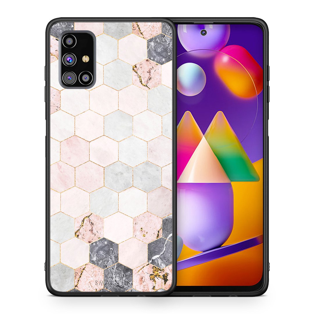 Θήκη Samsung M31s Hexagon Pink Marble από τη Smartfits με σχέδιο στο πίσω μέρος και μαύρο περίβλημα | Samsung M31s Hexagon Pink Marble case with colorful back and black bezels