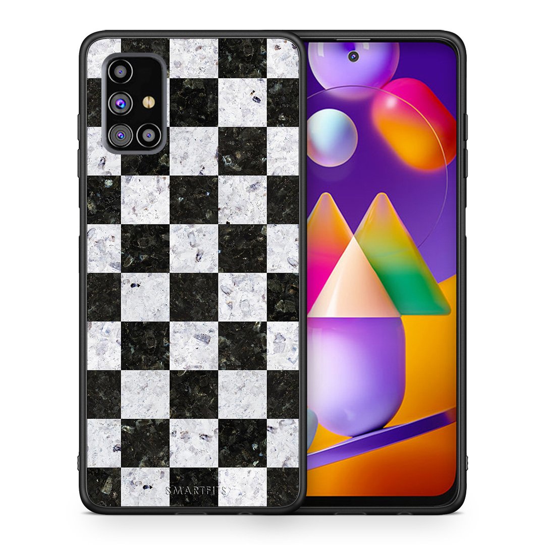 Θήκη Samsung M31s Square Geometric Marble από τη Smartfits με σχέδιο στο πίσω μέρος και μαύρο περίβλημα | Samsung M31s Square Geometric Marble case with colorful back and black bezels
