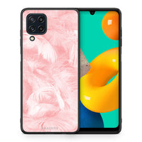 Thumbnail for Θήκη Samsung M32 4G Pink Feather Boho από τη Smartfits με σχέδιο στο πίσω μέρος και μαύρο περίβλημα | Samsung M32 4G Pink Feather Boho case with colorful back and black bezels