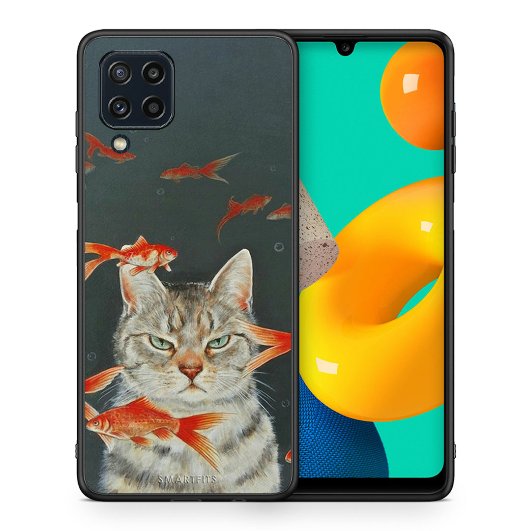 Θήκη Samsung M32 4G Cat Goldfish από τη Smartfits με σχέδιο στο πίσω μέρος και μαύρο περίβλημα | Samsung M32 4G Cat Goldfish case with colorful back and black bezels