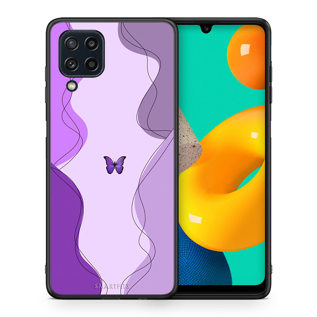 Θήκη Αγίου Βαλεντίνου Samsung M32 4G Purple Mariposa από τη Smartfits με σχέδιο στο πίσω μέρος και μαύρο περίβλημα | Samsung M32 4G Purple Mariposa case with colorful back and black bezels
