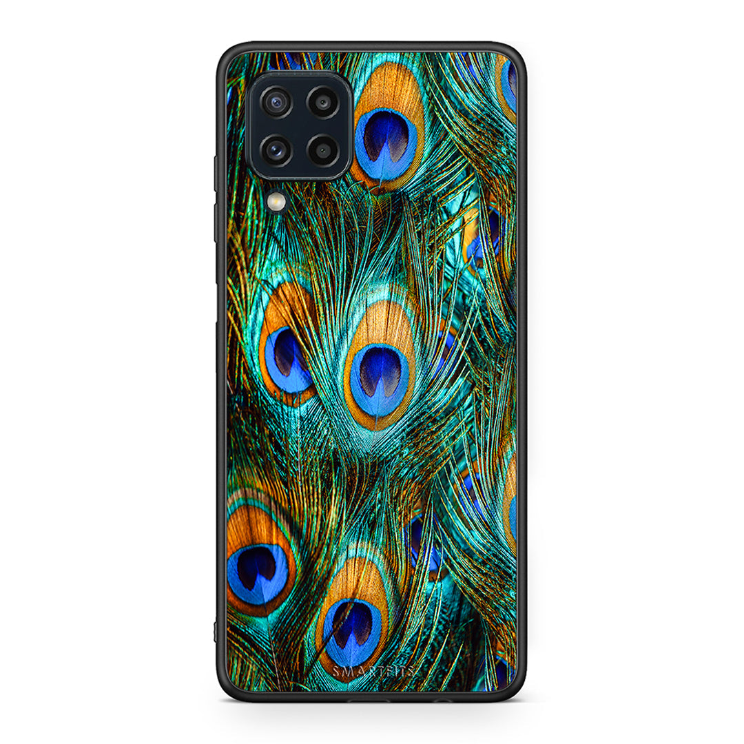 Samsung M32 4G Real Peacock Feathers θήκη από τη Smartfits με σχέδιο στο πίσω μέρος και μαύρο περίβλημα | Smartphone case with colorful back and black bezels by Smartfits