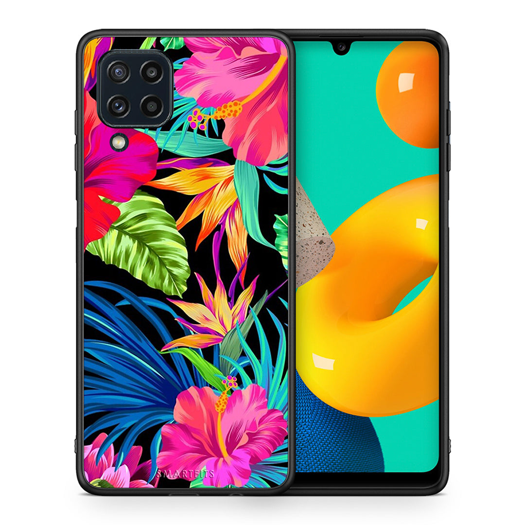 Θήκη Samsung M32 4G Tropical Flowers από τη Smartfits με σχέδιο στο πίσω μέρος και μαύρο περίβλημα | Samsung M32 4G Tropical Flowers case with colorful back and black bezels