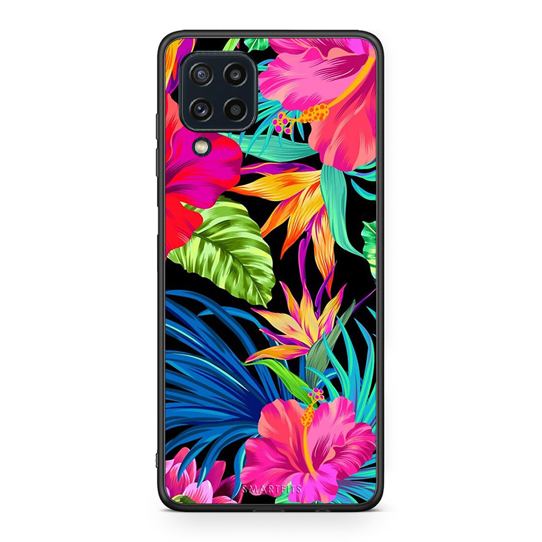 Samsung M32 4G Tropical Flowers θήκη από τη Smartfits με σχέδιο στο πίσω μέρος και μαύρο περίβλημα | Smartphone case with colorful back and black bezels by Smartfits