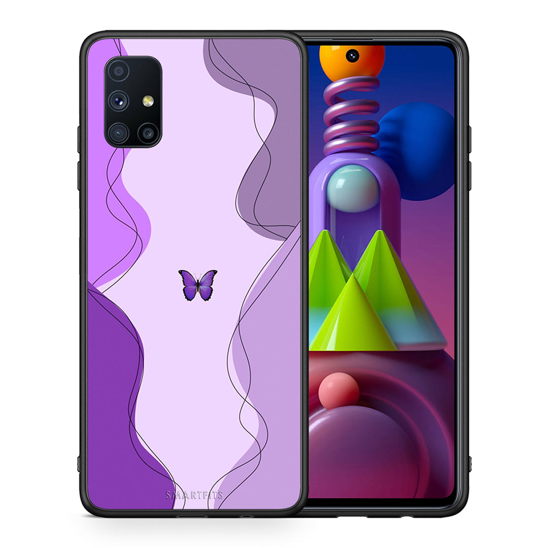 Θήκη Αγίου Βαλεντίνου Samsung Galaxy M51 Purple Mariposa από τη Smartfits με σχέδιο στο πίσω μέρος και μαύρο περίβλημα | Samsung Galaxy M51 Purple Mariposa case with colorful back and black bezels