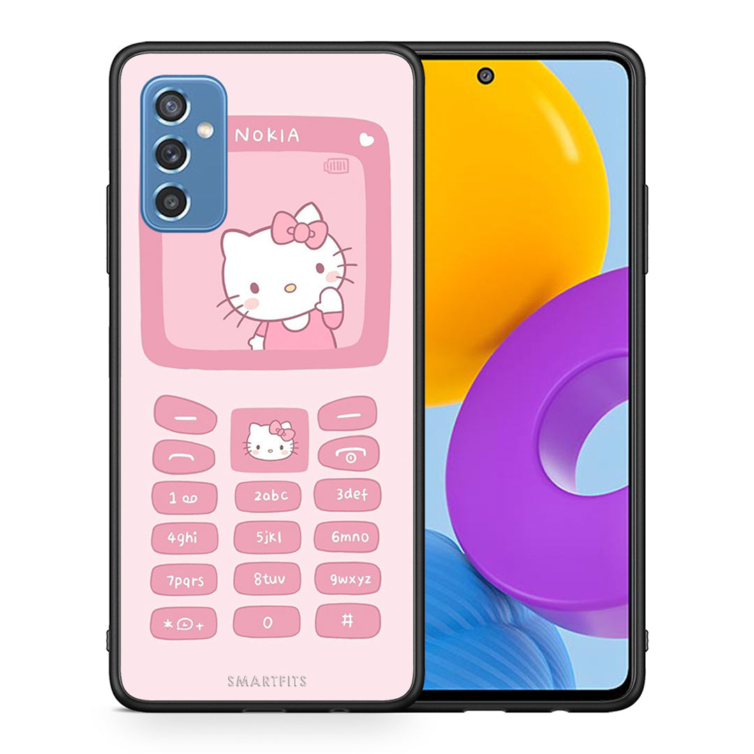 Θήκη Αγίου Βαλεντίνου Samsung M52 5G Hello Kitten από τη Smartfits με σχέδιο στο πίσω μέρος και μαύρο περίβλημα | Samsung M52 5G Hello Kitten case with colorful back and black bezels