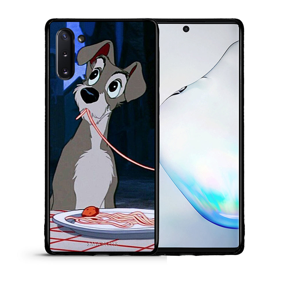 Θήκη Αγίου Βαλεντίνου Samsung Note 10 Lady And Tramp 1 από τη Smartfits με σχέδιο στο πίσω μέρος και μαύρο περίβλημα | Samsung Note 10 Lady And Tramp 1 case with colorful back and black bezels