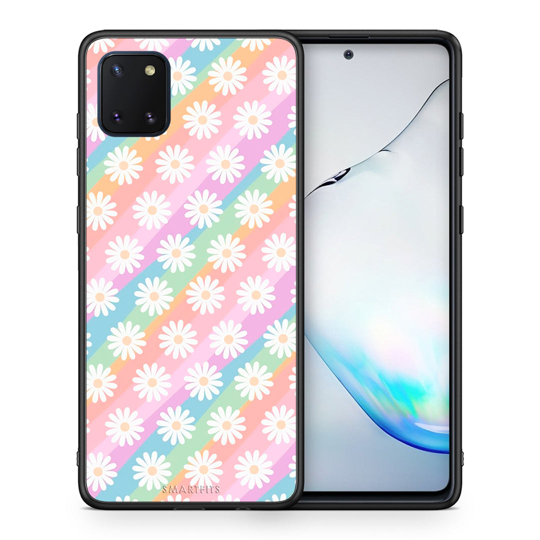 Θήκη Samsung Note 10 Lite White Daisies από τη Smartfits με σχέδιο στο πίσω μέρος και μαύρο περίβλημα | Samsung Note 10 Lite White Daisies case with colorful back and black bezels