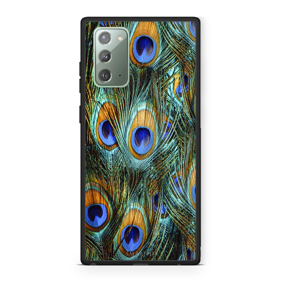 Samsung Note 20 Real Peacock Feathers θήκη από τη Smartfits με σχέδιο στο πίσω μέρος και μαύρο περίβλημα | Smartphone case with colorful back and black bezels by Smartfits