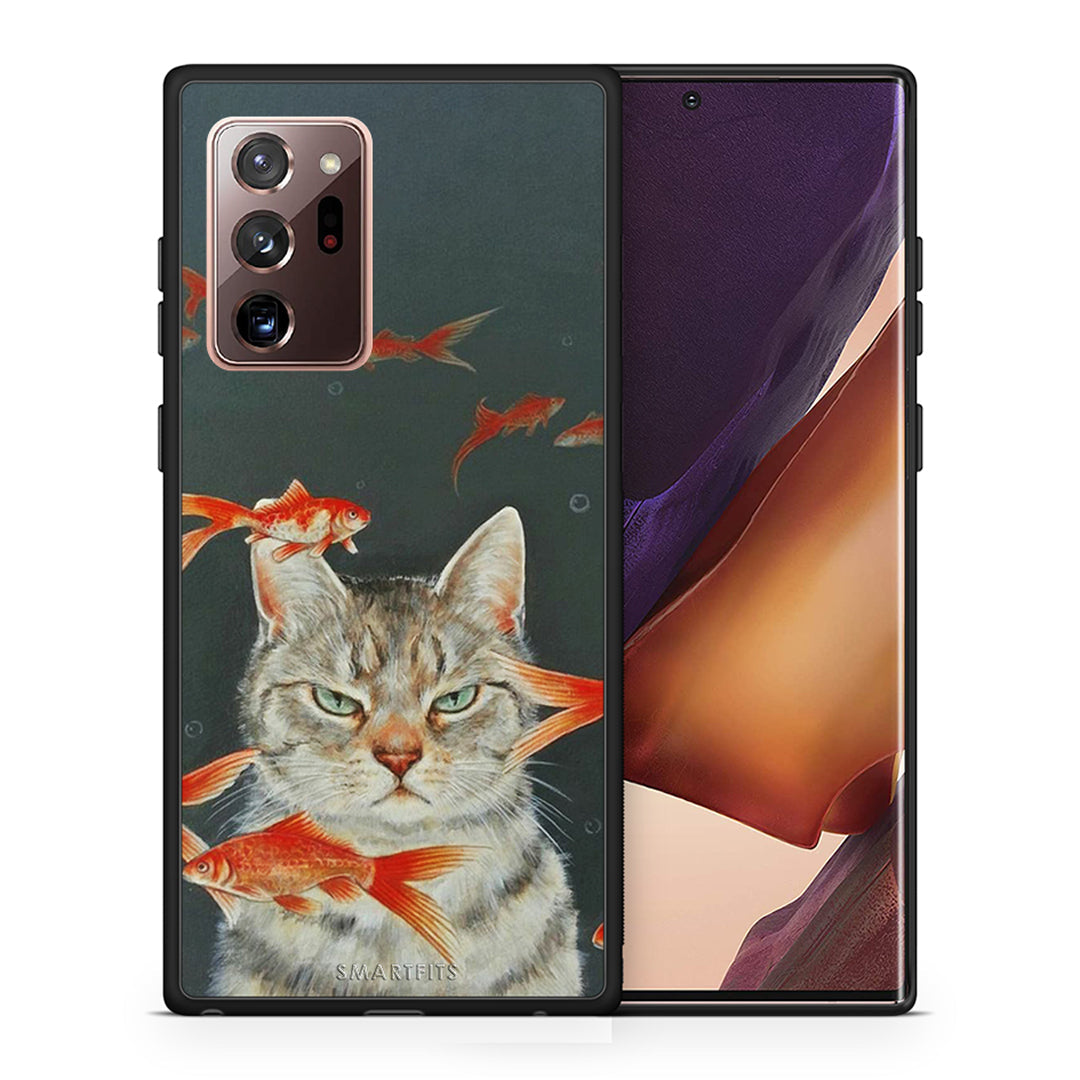 Θήκη Samsung Note 20 Ultra Cat Goldfish από τη Smartfits με σχέδιο στο πίσω μέρος και μαύρο περίβλημα | Samsung Note 20 Ultra Cat Goldfish case with colorful back and black bezels