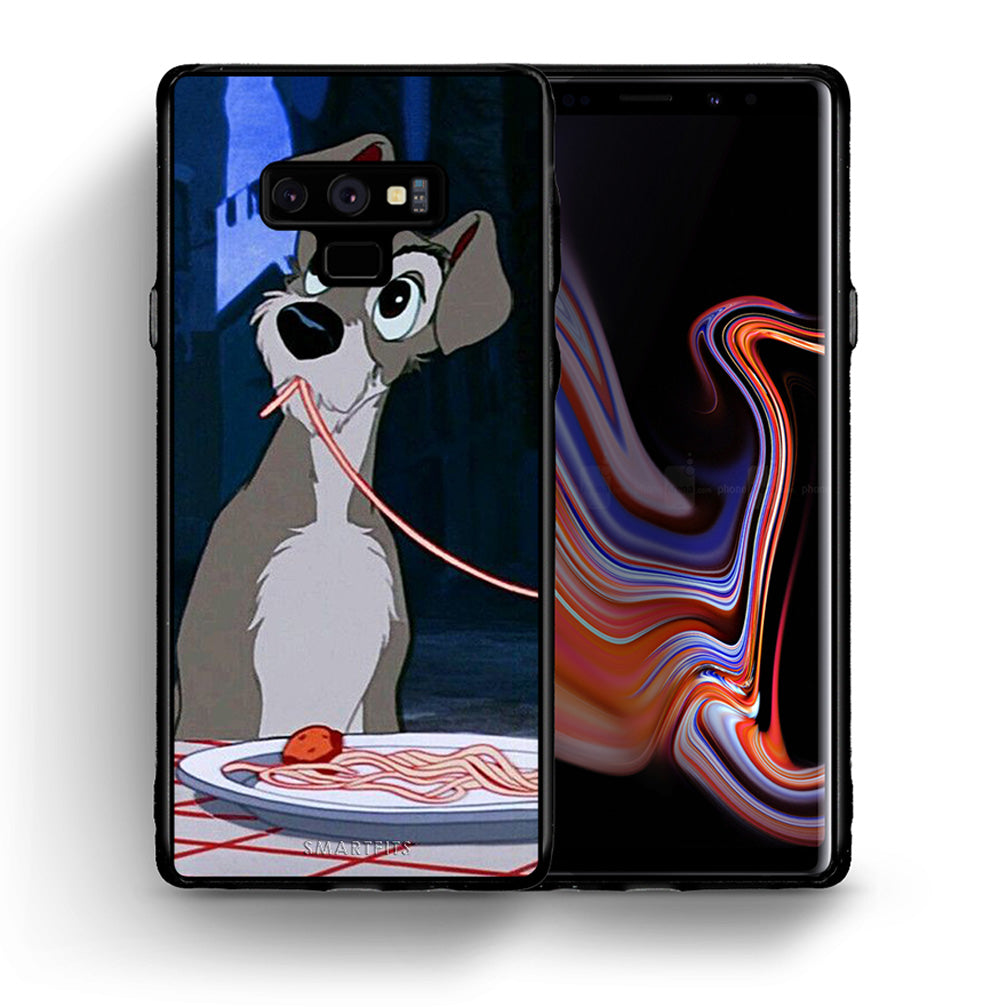 Θήκη Αγίου Βαλεντίνου Samsung Note 9 Lady And Tramp 1 από τη Smartfits με σχέδιο στο πίσω μέρος και μαύρο περίβλημα | Samsung Note 9 Lady And Tramp 1 case with colorful back and black bezels