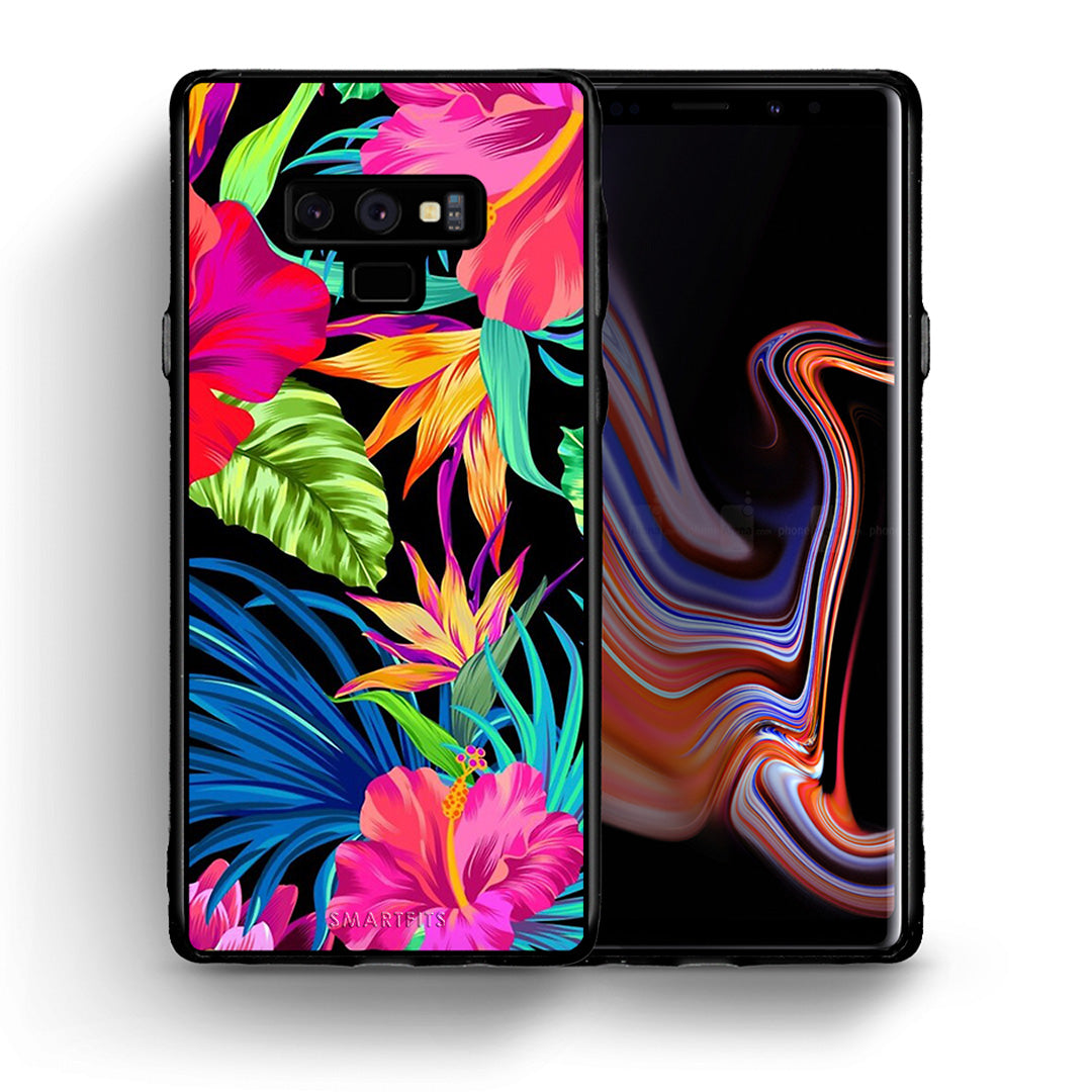 Θήκη Samsung Note 9 Tropical Flowers από τη Smartfits με σχέδιο στο πίσω μέρος και μαύρο περίβλημα | Samsung Note 9 Tropical Flowers case with colorful back and black bezels