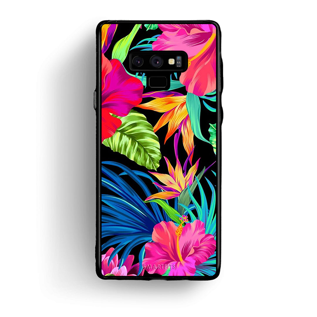 samsung note 9 Tropical Flowers θήκη από τη Smartfits με σχέδιο στο πίσω μέρος και μαύρο περίβλημα | Smartphone case with colorful back and black bezels by Smartfits