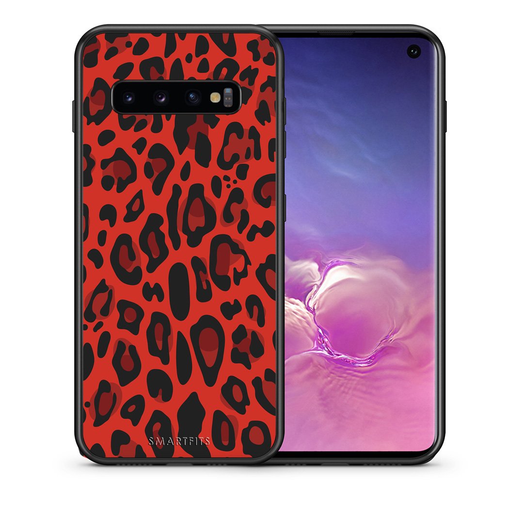 Θήκη Samsung S10 Red Leopard Animal από τη Smartfits με σχέδιο στο πίσω μέρος και μαύρο περίβλημα | Samsung S10 Red Leopard Animal case with colorful back and black bezels
