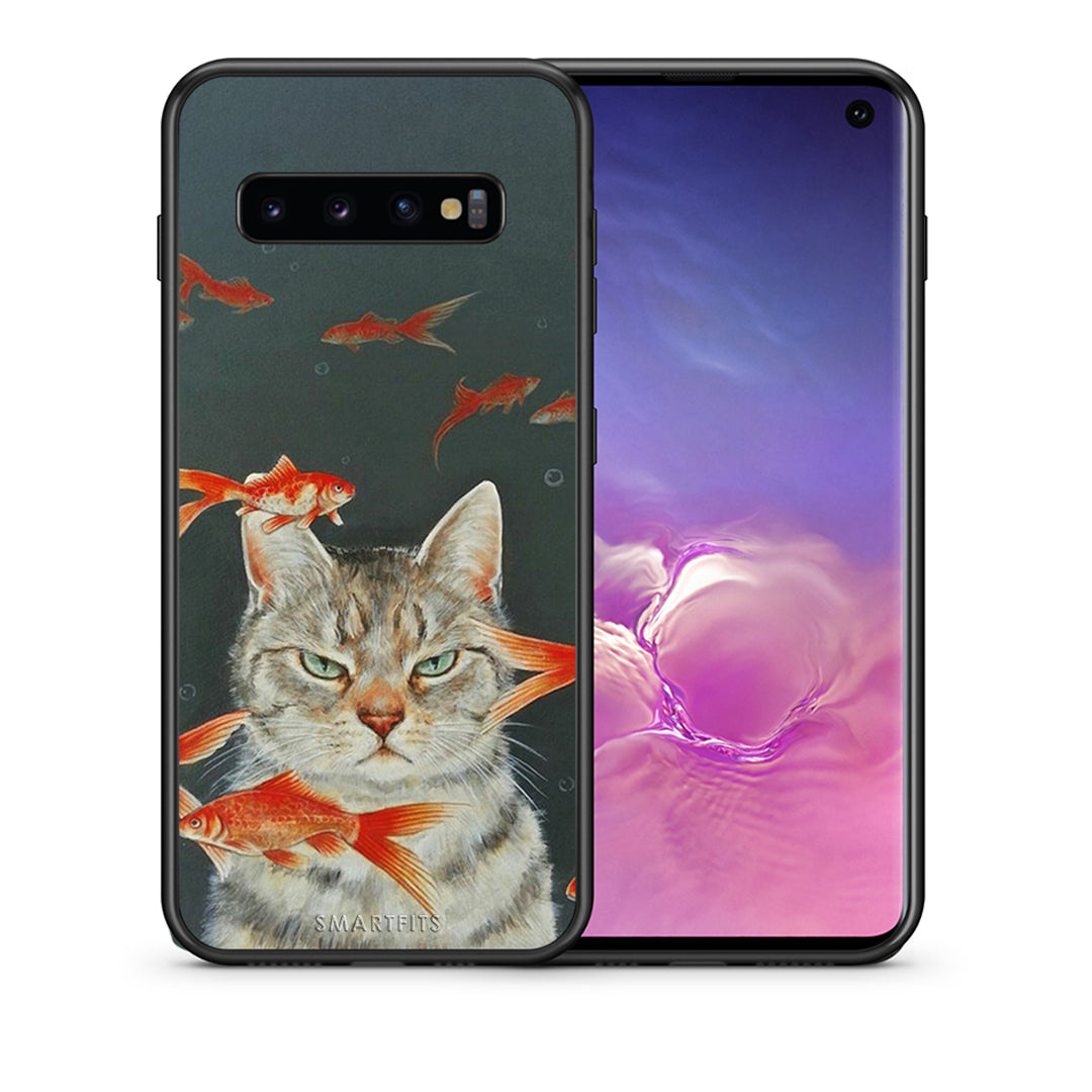 Θήκη Samsung S10 Cat Goldfish από τη Smartfits με σχέδιο στο πίσω μέρος και μαύρο περίβλημα | Samsung S10 Cat Goldfish case with colorful back and black bezels