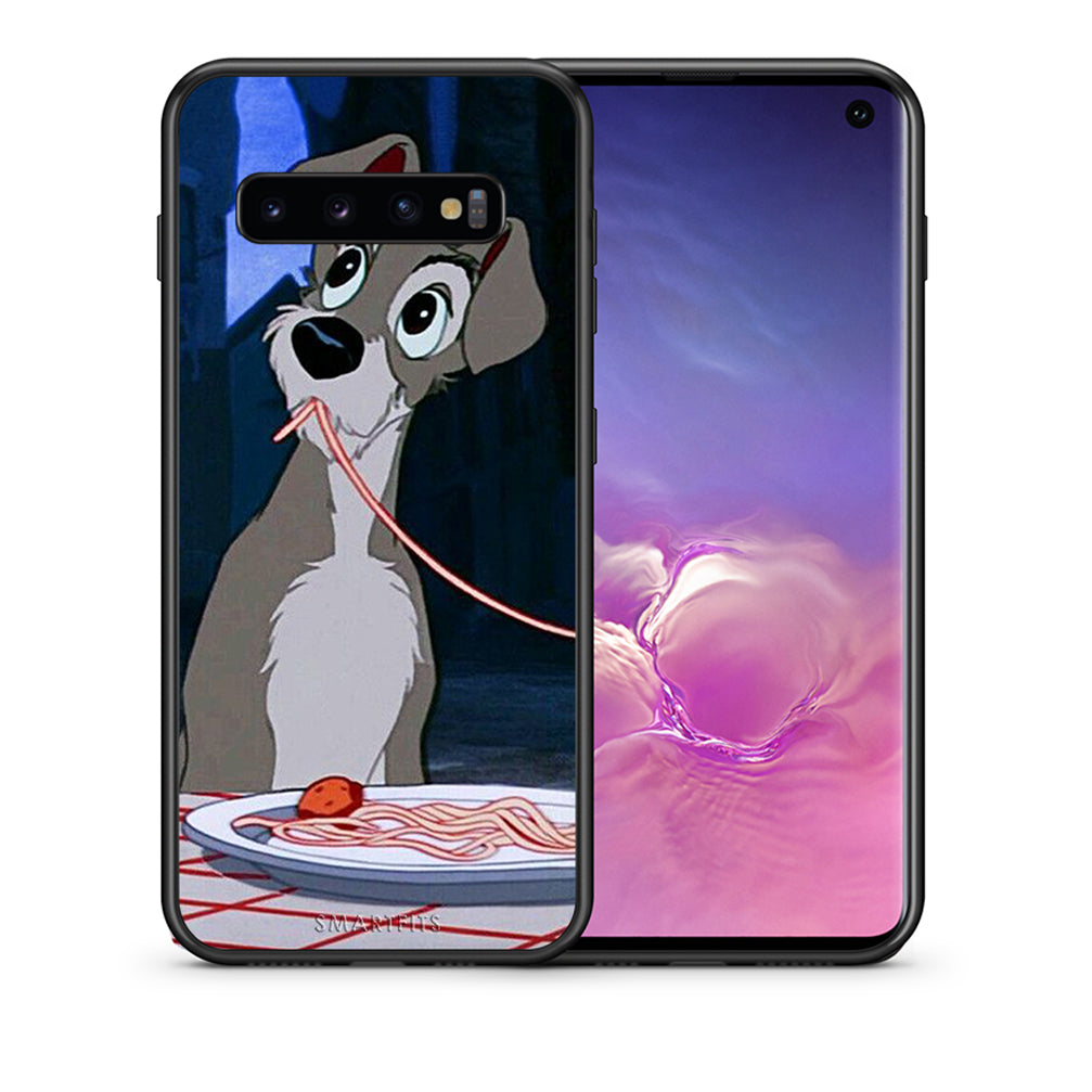 Θήκη Αγίου Βαλεντίνου Samsung S10+ Lady And Tramp 1 από τη Smartfits με σχέδιο στο πίσω μέρος και μαύρο περίβλημα | Samsung S10+ Lady And Tramp 1 case with colorful back and black bezels