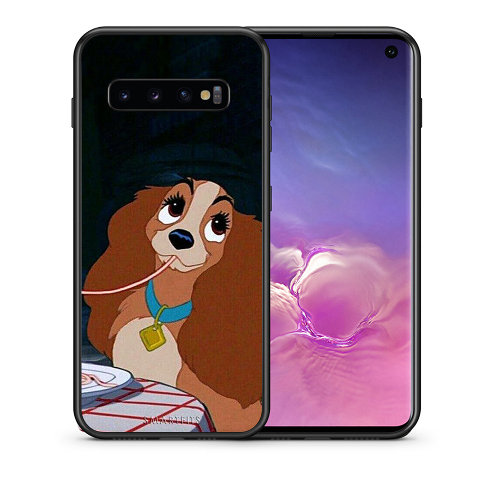 Θήκη Αγίου Βαλεντίνου Samsung S10+ Lady And Tramp 2 από τη Smartfits με σχέδιο στο πίσω μέρος και μαύρο περίβλημα | Samsung S10+ Lady And Tramp 2 case with colorful back and black bezels