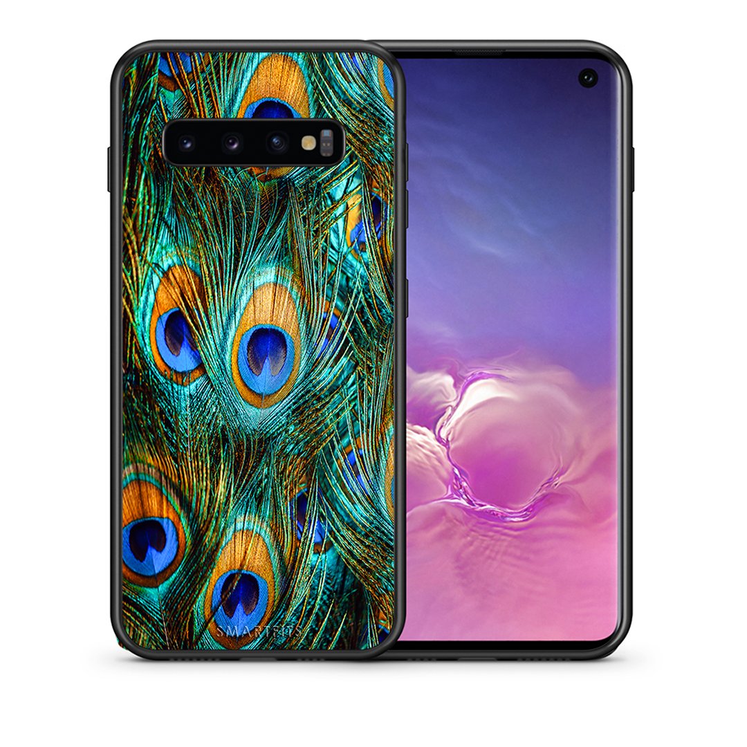 Θήκη Samsung S10 Real Peacock Feathers από τη Smartfits με σχέδιο στο πίσω μέρος και μαύρο περίβλημα | Samsung S10 Real Peacock Feathers case with colorful back and black bezels