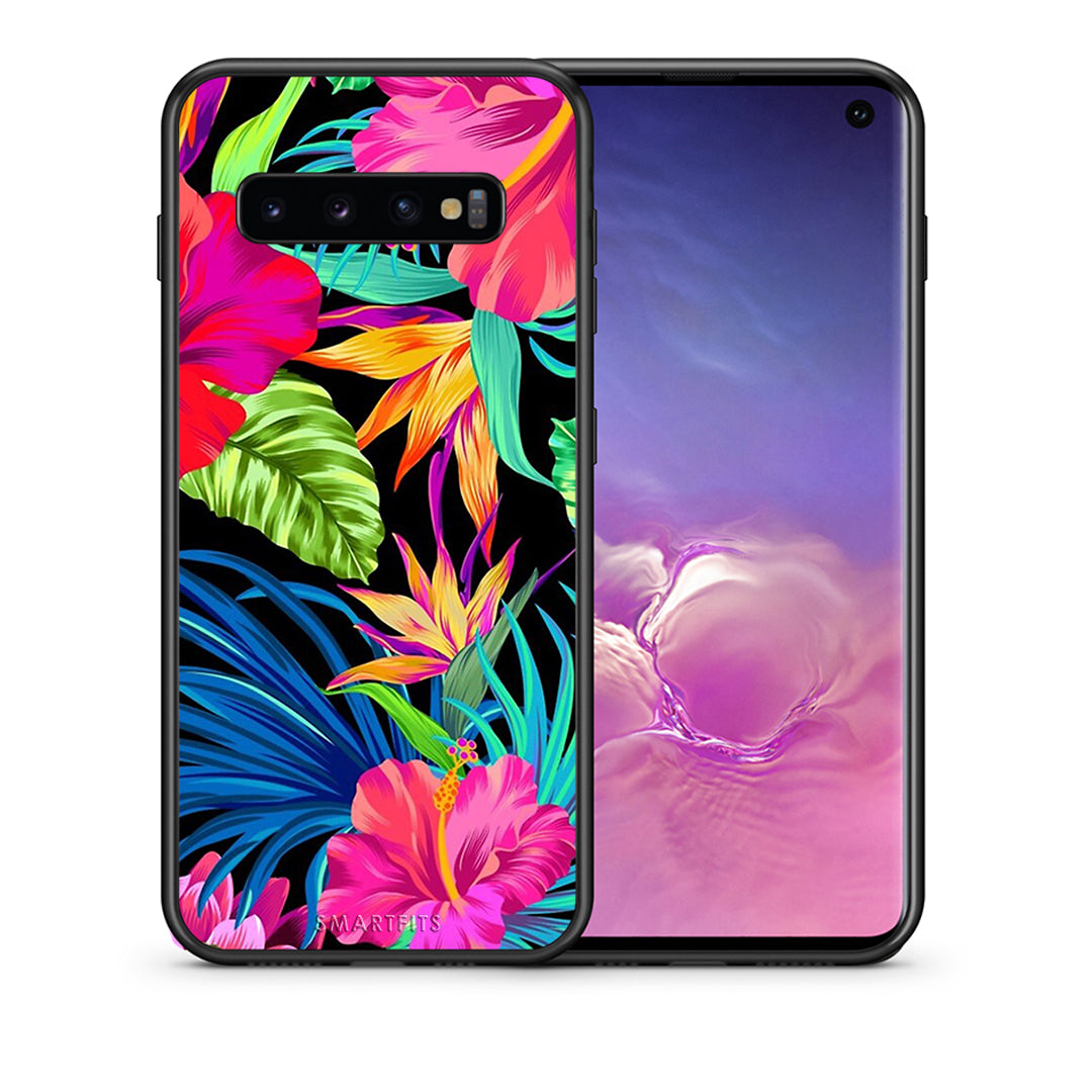 Θήκη Samsung S10+ Tropical Flowers από τη Smartfits με σχέδιο στο πίσω μέρος και μαύρο περίβλημα | Samsung S10+ Tropical Flowers case with colorful back and black bezels