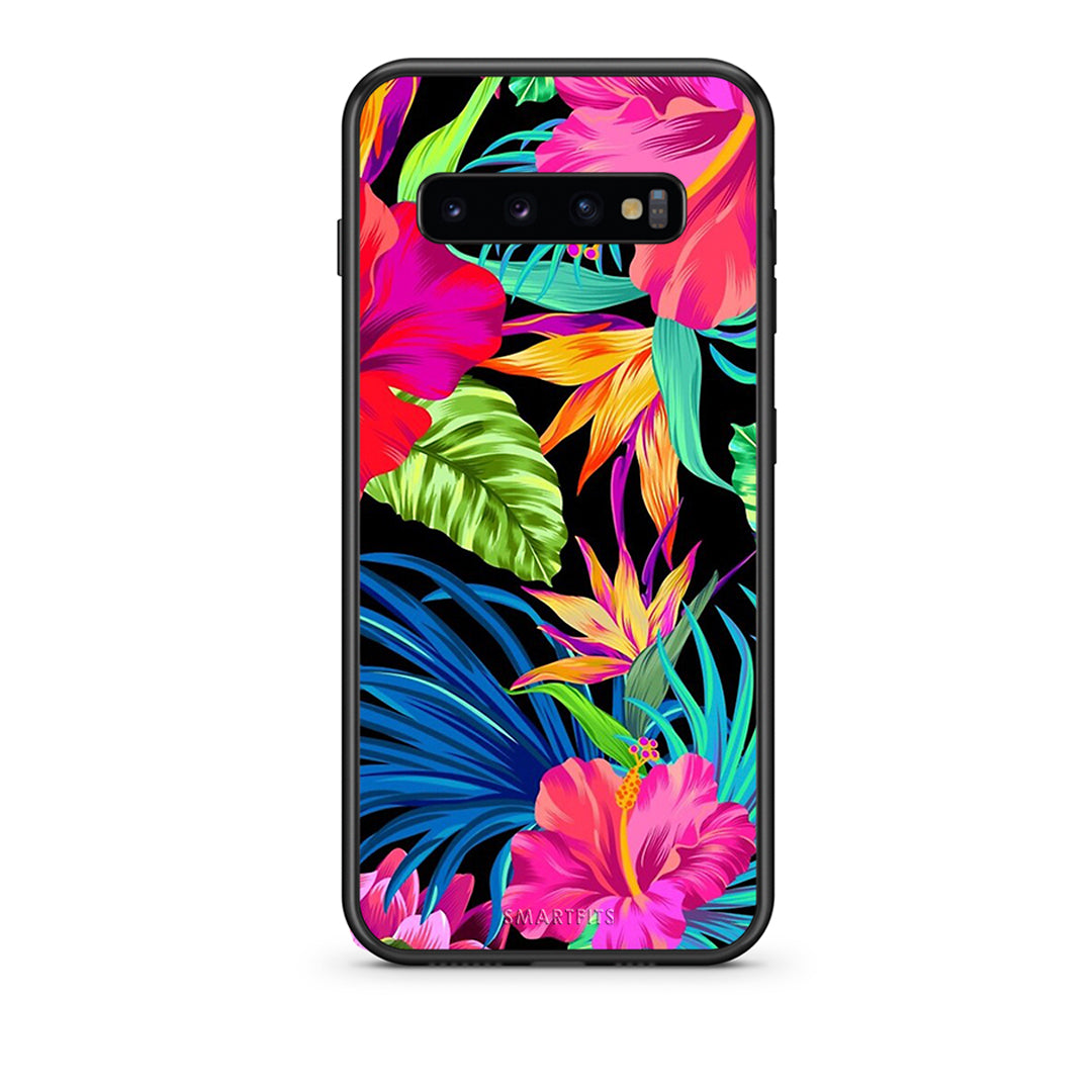 samsung s10 plus Tropical Flowers θήκη από τη Smartfits με σχέδιο στο πίσω μέρος και μαύρο περίβλημα | Smartphone case with colorful back and black bezels by Smartfits