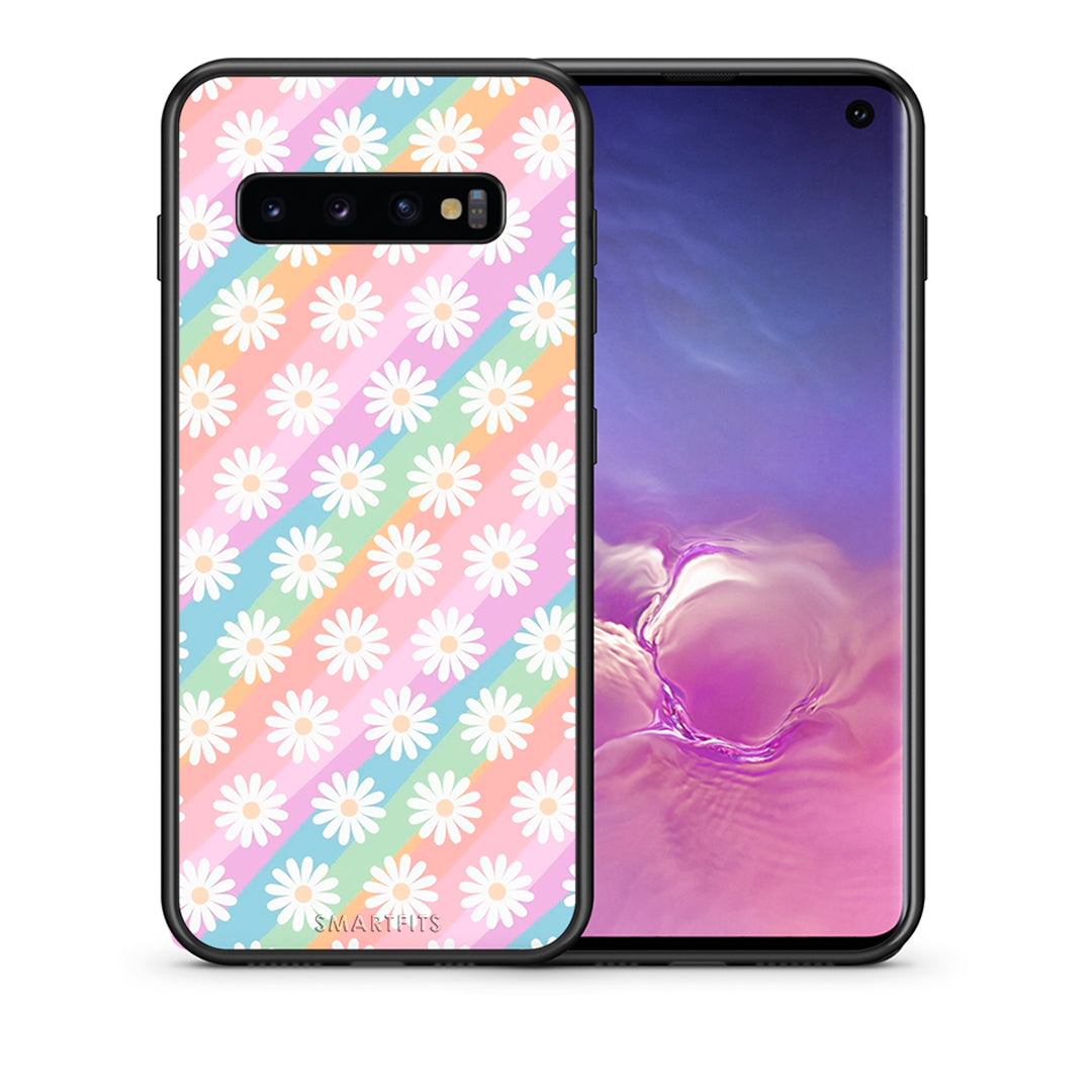 Θήκη Samsung S10+ White Daisies από τη Smartfits με σχέδιο στο πίσω μέρος και μαύρο περίβλημα | Samsung S10+ White Daisies case with colorful back and black bezels