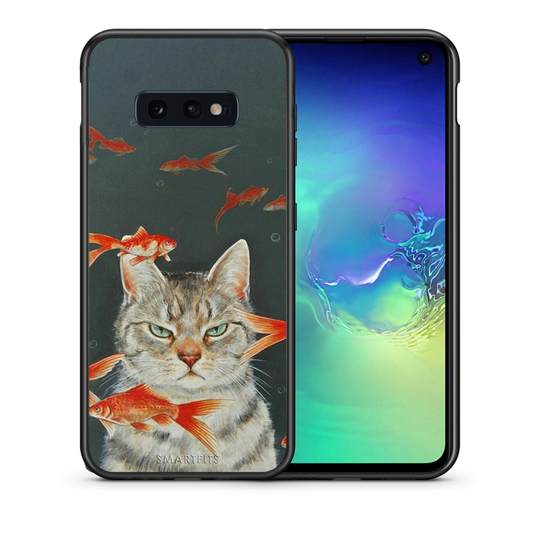 Θήκη Samsung S10e Cat Goldfish από τη Smartfits με σχέδιο στο πίσω μέρος και μαύρο περίβλημα | Samsung S10e Cat Goldfish case with colorful back and black bezels