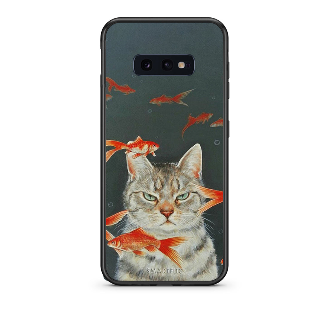samsung s10e Cat Goldfish θήκη από τη Smartfits με σχέδιο στο πίσω μέρος και μαύρο περίβλημα | Smartphone case with colorful back and black bezels by Smartfits
