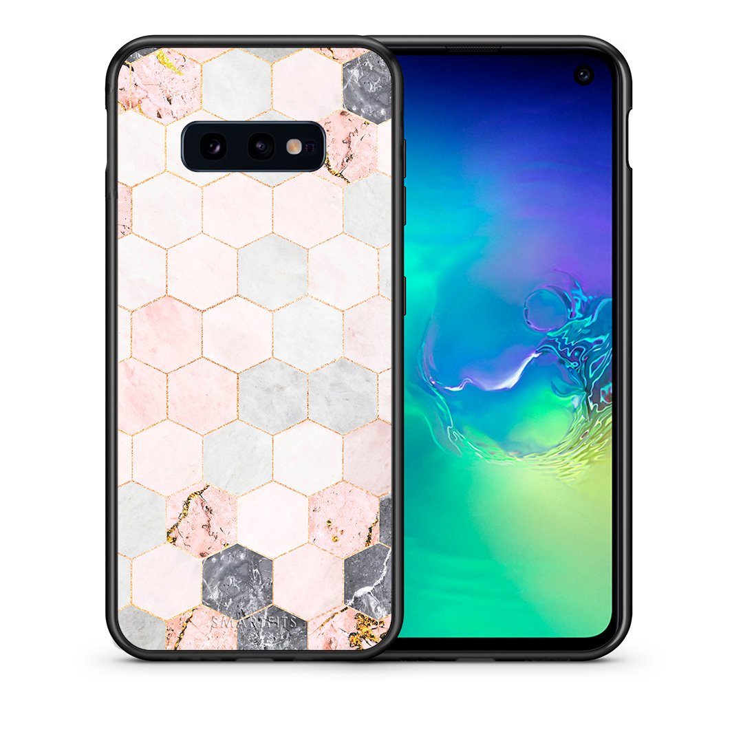 Θήκη Samsung S10e Hexagon Pink Marble από τη Smartfits με σχέδιο στο πίσω μέρος και μαύρο περίβλημα | Samsung S10e Hexagon Pink Marble case with colorful back and black bezels