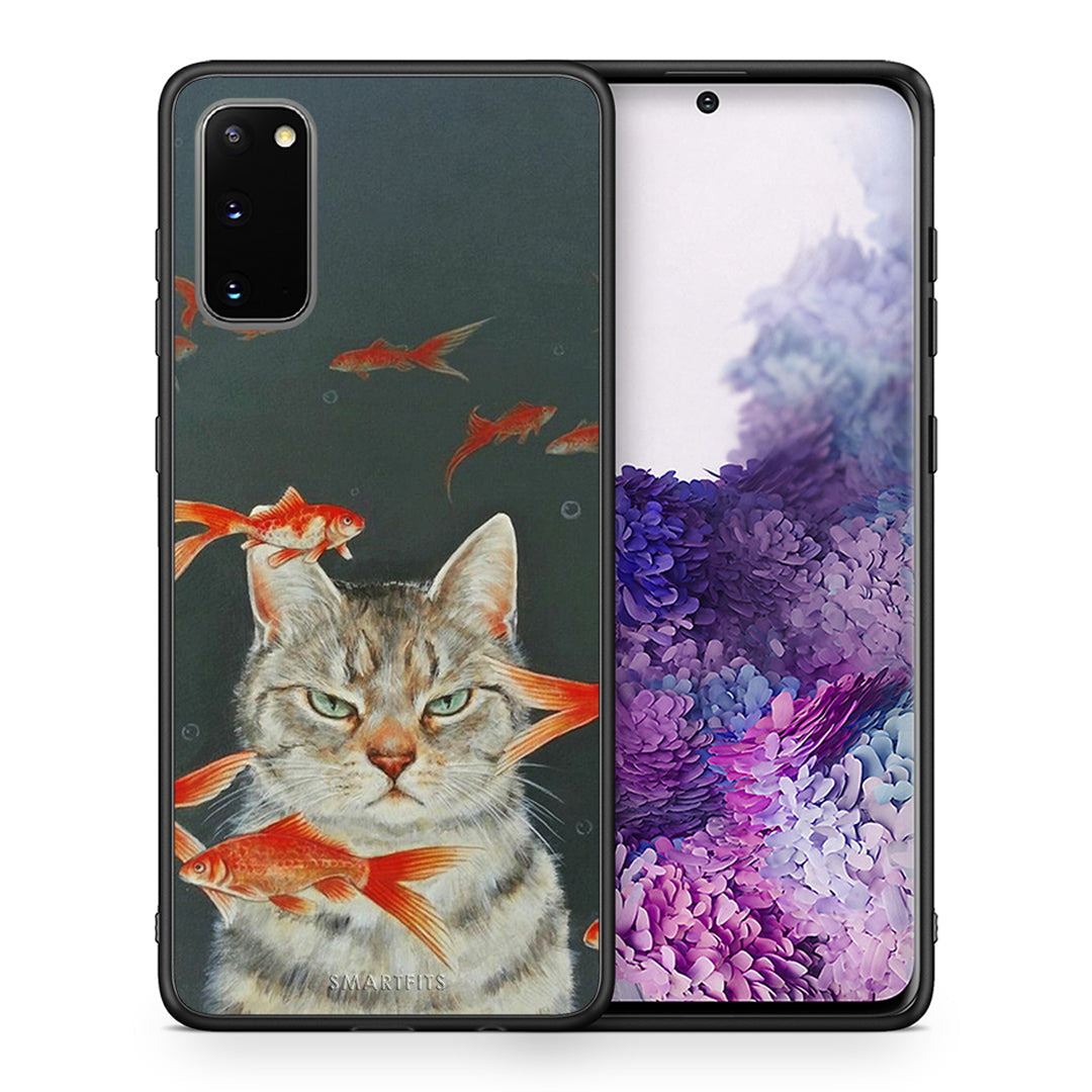 Θήκη Samsung S20 Cat Goldfish από τη Smartfits με σχέδιο στο πίσω μέρος και μαύρο περίβλημα | Samsung S20 Cat Goldfish case with colorful back and black bezels