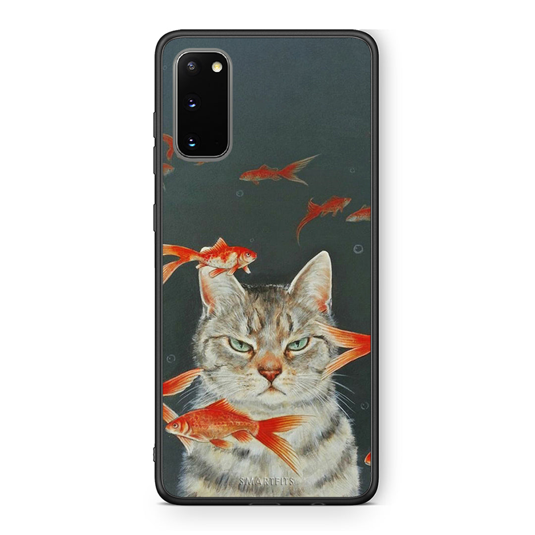 Samsung S20 Cat Goldfish θήκη από τη Smartfits με σχέδιο στο πίσω μέρος και μαύρο περίβλημα | Smartphone case with colorful back and black bezels by Smartfits