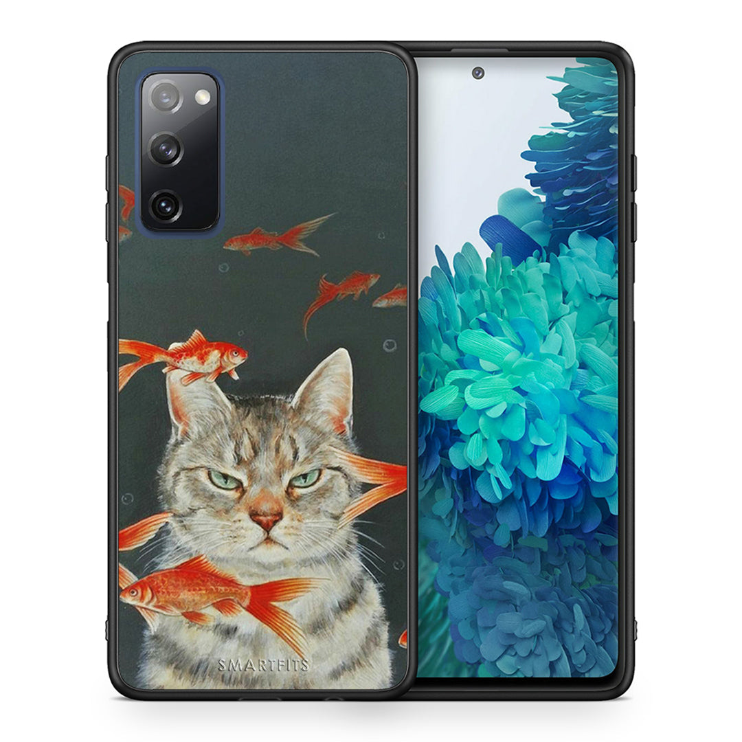 Θήκη Samsung S20 FE Cat Goldfish από τη Smartfits με σχέδιο στο πίσω μέρος και μαύρο περίβλημα | Samsung S20 FE Cat Goldfish case with colorful back and black bezels