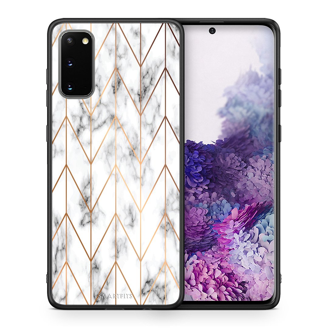 Θήκη Samsung S20 Gold Geometric Marble από τη Smartfits με σχέδιο στο πίσω μέρος και μαύρο περίβλημα | Samsung S20 Gold Geometric Marble case with colorful back and black bezels