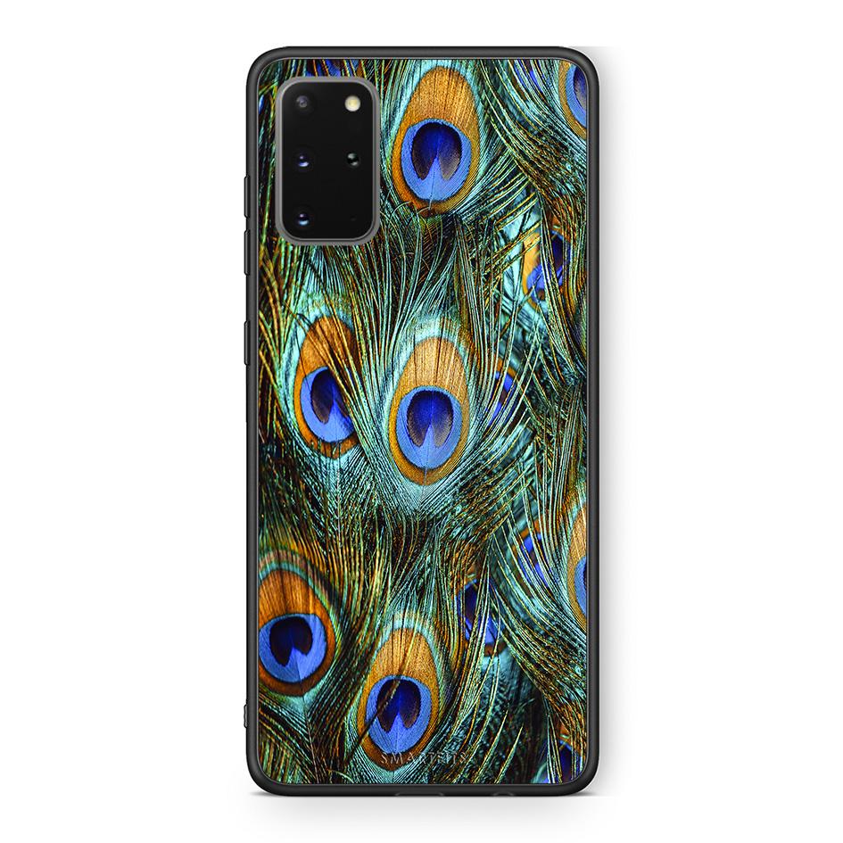 Samsung S20 Plus Real Peacock Feathers θήκη από τη Smartfits με σχέδιο στο πίσω μέρος και μαύρο περίβλημα | Smartphone case with colorful back and black bezels by Smartfits