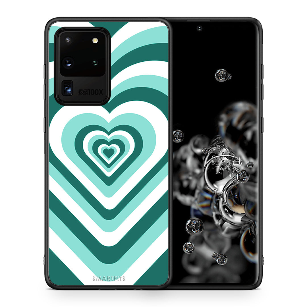 Θήκη Samsung S20 Ultra Green Hearts από τη Smartfits με σχέδιο στο πίσω μέρος και μαύρο περίβλημα | Samsung S20 Ultra Green Hearts case with colorful back and black bezels
