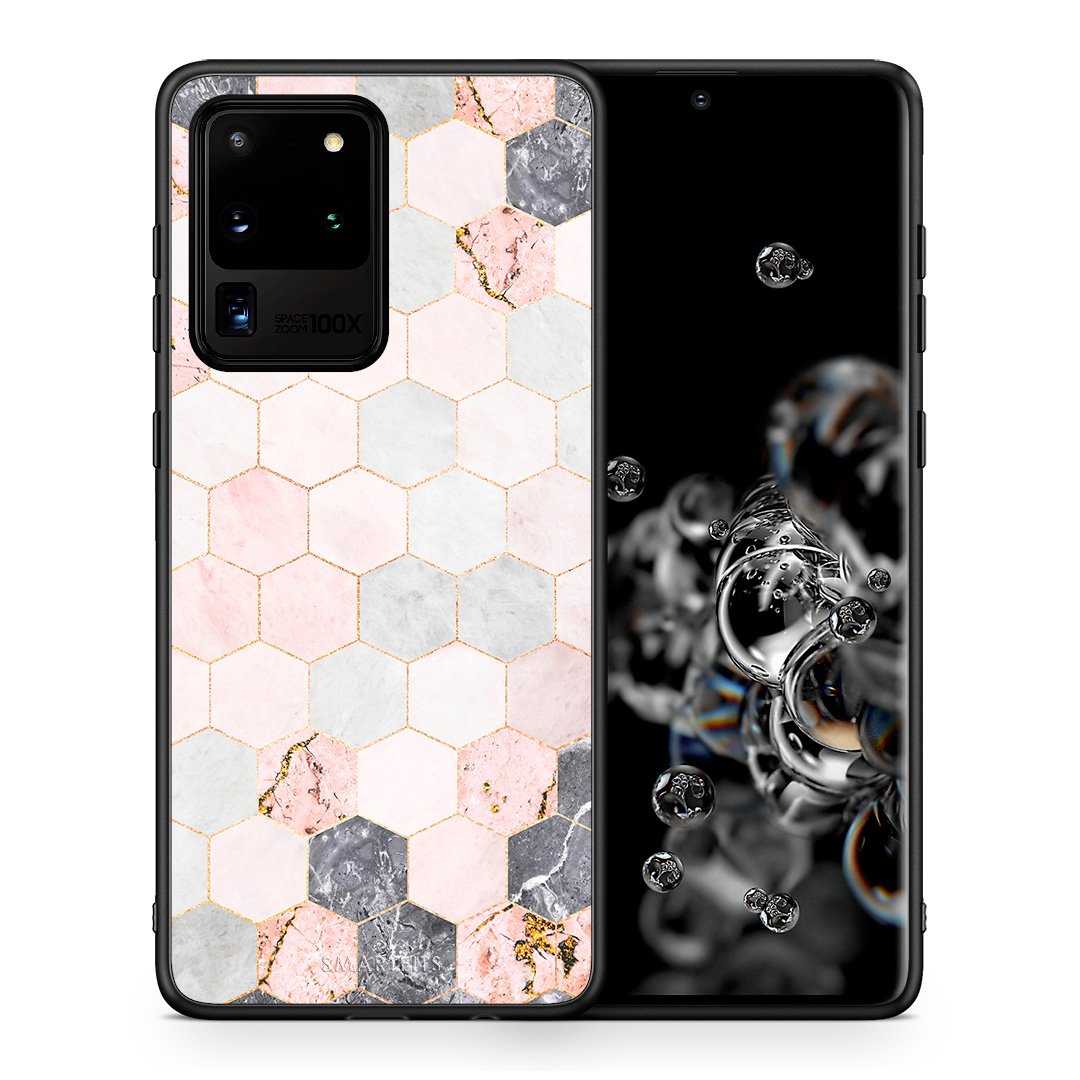 Θήκη Samsung S20 Ultra Hexagon Pink Marble από τη Smartfits με σχέδιο στο πίσω μέρος και μαύρο περίβλημα | Samsung S20 Ultra Hexagon Pink Marble case with colorful back and black bezels
