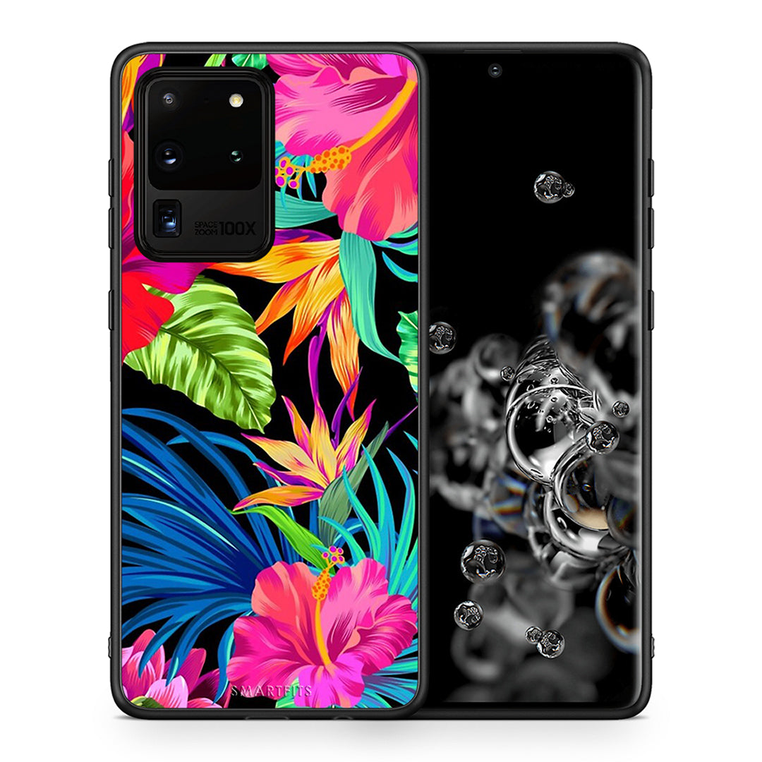 Θήκη Samsung S20 Ultra Tropical Flowers από τη Smartfits με σχέδιο στο πίσω μέρος και μαύρο περίβλημα | Samsung S20 Ultra Tropical Flowers case with colorful back and black bezels
